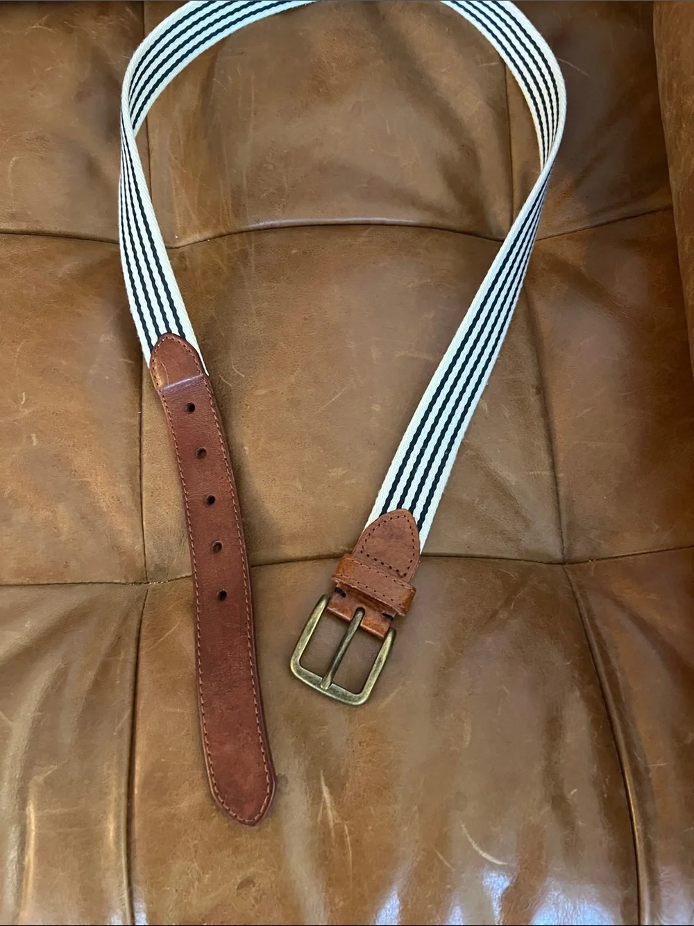 H&M Preppy Brown Navy Stripe Men’s Casual Belt with Brown Leather